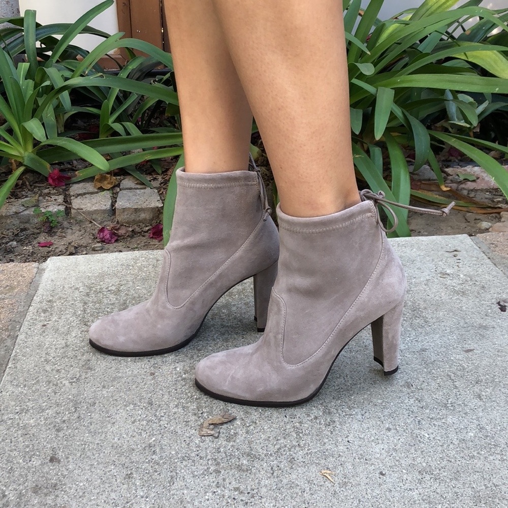 Stuart Weitzman glove tie-back grey suede booties